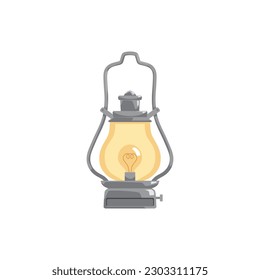 Burning vintage lantern icon flat vector illustration isolated on white background. Retro antique oil or gas lantern or lamp with glass case and handle.