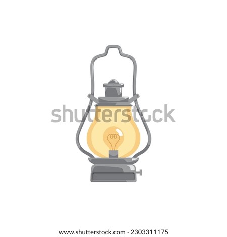 Burning vintage lantern icon flat vector illustration isolated on white background. Retro antique oil or gas lantern or lamp with glass case and handle.