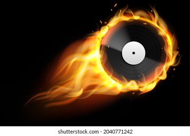 Burning vinyl record. Realistic analog audio disc with fire trace. Retro musical album. Disco party background. DJ music. Flaming multimedia equipment template. Vector entertainment concept