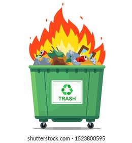 burning waste bin. flat vector illustration