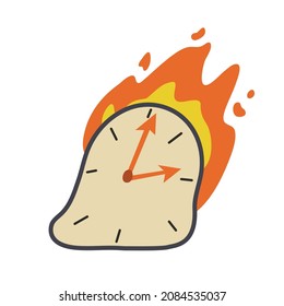 Burning watch, deadline, flaming clock, watch on fire. Cartoon style hand drawn  vector illustration