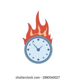 Ilustración plana vectorial de reloj en llamas aislada en fondo blanco. Plazo, reloj en llamas, mira la señal de fuego. El tiempo ejecuta un elemento rápido para el diseño del logotipo.