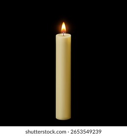 Ilustração do vetor 3D da vela da cera de ardor. Vela de parafina iluminada brilhante realista com fogo isolado. Aromaterapia, memorial ou evento de celebração decoração à luz de velas