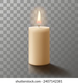 La vela de cera quemada. Aromática decoración redonda cilíndrica de velas con llamas ardientes sobre fondo transparente. Decoración aislada y vectorial 3D, diseño de elementos blancos o beige. Burla