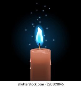 burning wax candle with blue fire
