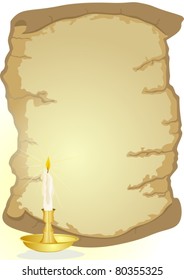 Burning wax candle in a candlestick and an old parchment, on which you can place your text.