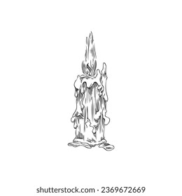 Burning wax candle, hand drawn vector illustration, isolated on white background. Sketch style lighted candle with flame and dripping paraffin drops. Vintage decorative engraving image.