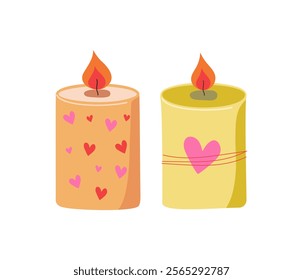 Burning wax candle with heart set. Cozy romantic lighting, flame, fire. Valentine's day. White background. Element for holiday, decoration, decor. Flat illustration. Background isolated.