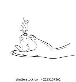 Burning wax candle in human hand,hand drawn black and white sketch outline style isolated on white background.Hand with candle vector illustration,Minimal Art