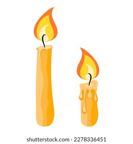 Burning wax candle. The melted candle. The lighting candle with falme. Vector illustration