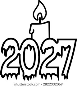 Burning wax candle with melting flame resting on icy dripping 2027 numbers line art graphic icon isolated on white background winter holiday