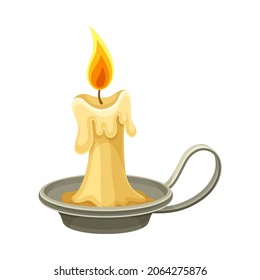 Burning wax candle on candlestick. Magic object cartoon vector illustration