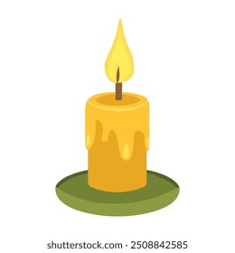 Burning wax candle on saucer stand. Symbol of upcoming holiday. Simple color cozy illustration. Hand drawn cartoon vector isolated on white background