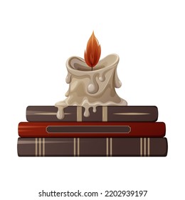 Burning wax candle on witch books. Cartoon vector illustration. Item for divination, spell, halloween