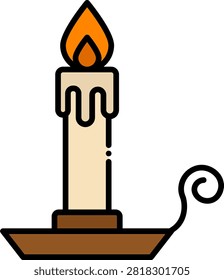 Burning wax candle resting securely in a classic metal holder. This traditional lighting source represents medieval interior illumination and nighttime reading. Excellent for historical lifestyle articles and dark fantasy ambiance.