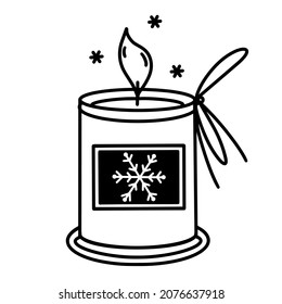 Burning wax candle vector icon. Hand-drawn engraving. Candle on a plate with a label, snowflake, rope. Black and white concept for decoration, design of cards, invitations, printing, textiles