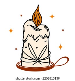 Burning wax candle vector icon. Candle on a candlestick, tied with thread. Witchcraft element, lighting tool. Flat cartoon doodle isolated on white. Illustration for posters, cards, Halloween decor