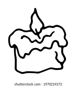 A burning wax candle. Vector isolated element of a small long-burning candle with molten wax drops, hand-drawn in doodle style with a black line on a white background for a design template.