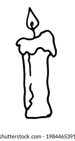 Una vela de cera en llamas. Elemento aislado vectorial de una vela de alto ardor largo con gotas de cera fundida, dibujado a mano en un estilo de doodle con una línea negra en un fondo blanco para una plantilla de diseño de etiqueta
