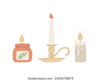 Burning wax candles in candle holder, jar. A symbol of coziness, religion, celebration, esotericism, spiritualism, studying. Flat cartoon color vector illustration isolated on a white background