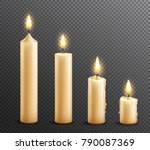 Burning wax candles realistic set of 4 arranged from tall to law on dark transparent background vector illustration 