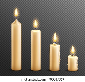 Burning wax candles realistic set of 4 arranged from tall to law on dark transparent background vector illustration 