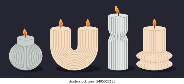 Burning wax candles. Scented decorative candles, minimalist design aroma candles, aromatherapy and home interior decor flat vector illustration set. Hand drawn light aromatic candles