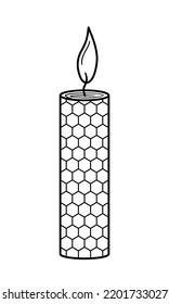 Burning wax honey candle. Natural candle made of beeswax with honeycomb ornament in doodle sketch style. Decor for home, aromatherapy, relaxation. Vector illustration isolated on white background.