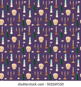 Burning wax old vintage candles and skull vector illustration seamless pattern.