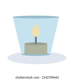 Burning wax or paraffin aroma candle in glass candlestick for aromatherapy. Hygge home decoration, festive decorative design element. Flat vector illustration