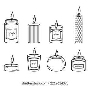 Cera quemada y aroma de parafina ambientada con velas. Grandes velas de colección de diferentes formas y tamaños. Decoración de diseño en el interior. Spa, aromaterapia, relajación. Estilo de dibujo de Doodle. Ilustración vectorial.