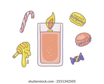 Burning wax or paraffin aromatic candle in glass jar with sweets fragrance. Candies and lollipop, honey, Macaroon dessert. Scented candle, cozy home interior light accessory. Vector flat collection