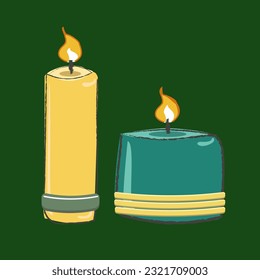 Burning wax or paraffin aromatic candles on green background. Cute hygge home decoration, holiday decorative design element. Flat cartoon colorful vector illustration