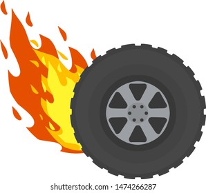 Burning wheel of car. Flames on tire. Symbol of speed and racing. Technical problems and accident. Fire on road.