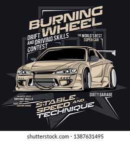 burning wheel drift contest, car vector illustration