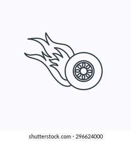 Burning wheel icon. Speed or Race sign. Linear outline icon on white background. Vector
