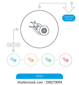 Burning wheel icon. Speed or Race sign. Line circle buttons. Download arrow symbol. Vector
