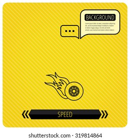 Burning wheel icon. Speed or Race sign. Chat speech bubbles. Orange line background. Vector
