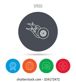 Burning wheel icon. Speed or Race sign. Globe, download and speech bubble buttons. Winner award symbol. Vector