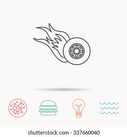 Burning wheel icon. Speed or Race sign. Global connect network, ocean wave and burger icons. Lightbulb lamp symbol.