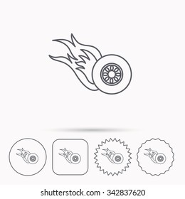 Burning wheel icon. Speed or Race sign. Linear circle, square and star buttons with icons.