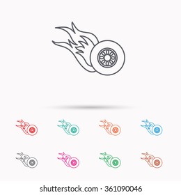 Burning wheel icon. Speed or Race sign. Linear icons on white background.