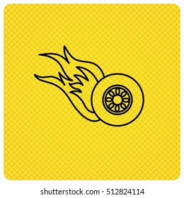 Burning wheel icon. Speed or Race sign. Linear icon on orange background. Vector