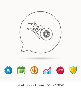 Burning wheel icon. Speed or Race sign. Calendar, Graph chart and Cogwheel signs. Download and Shield web icons. Vector