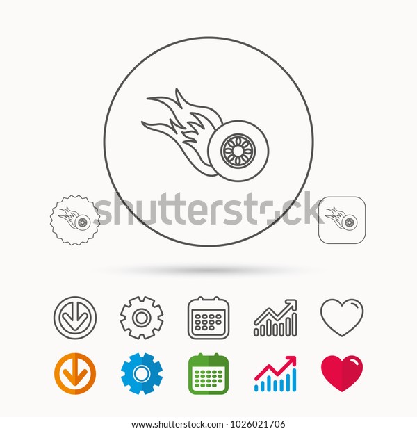 Burning wheel icon. Speed or Race sign. Calendar,\
Graph chart and Cogwheel signs. Download and Heart love linear web\
icons. Vector