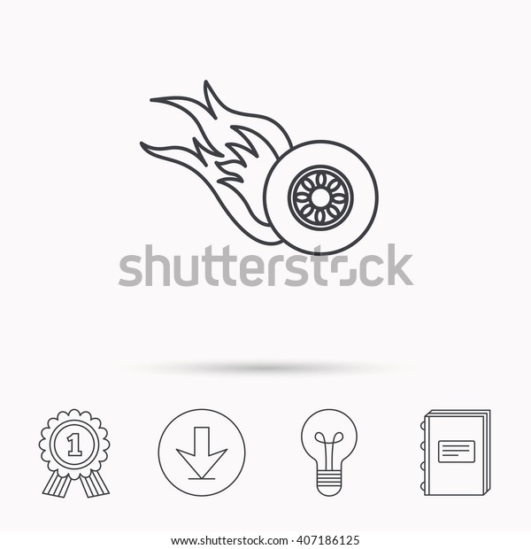 Burning wheel icon. Speed or Race\
sign. Download arrow, lamp, learn book and award medal\
icons.