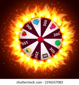 Burning wheel of luck or fortune. Gamble chance leisure. Colorful gambling wheel. Online casino. Web landing page template or banner for internet casino. Big win concept. Vector illustration