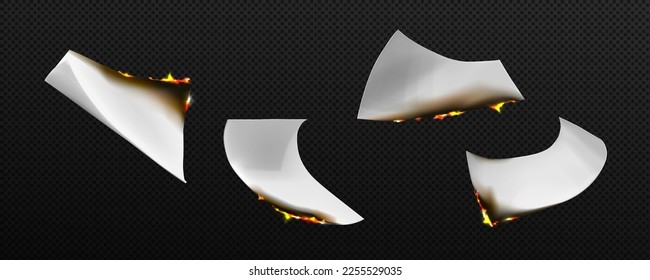 Burning white paper pages with fire. Blank sheets with flame and black scorched edges falling or flying in air, vector realistic illustration isolated on transparent background