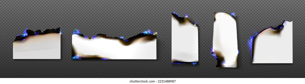 Burning white paper sheets with blue fire and black scorched edges. Smoldering blank pages with magic flame isolated on transparent background, vector realistic set