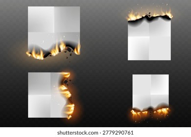 Burning white paper sheets with fire and sparks effect on transparent background